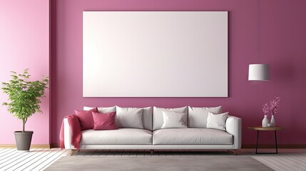  a living room with pink walls and a white couch and a potted plant on the side of the room.
