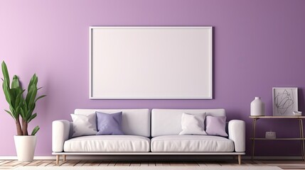  a living room with purple walls and a white couch and a potted plant on the side of the couch.