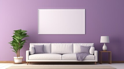  a living room with purple walls and a white couch and a potted plant on the side of the couch.