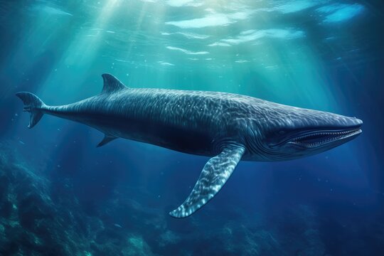 Whale swimming in blue ocean. Underwater scene. 3d render, Sperm whale swimming underwater, AI Generated
