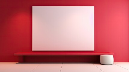  a red room with a white square on the wall and a bench in the middle of the room with a white square on the wall.