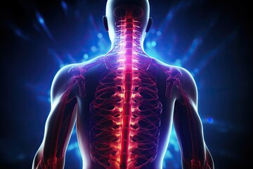 Human body anatomy x-ray view on dark blue background. 3D rendering, Spine injury pain in sacral and cervical region concept 3d render, AI Generated