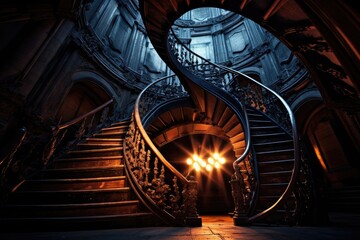 Fototapeta premium Stairs in St. Peter's Cathedral, London, England, Spiral staircase in dark, AI Generated