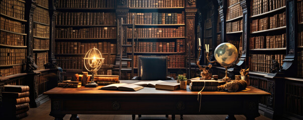 Old classic library with books on table - obrazy, fototapety, plakaty