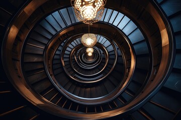 Luxury spiral staircase in the dark interior. 3d rendering, spiral staircase in the church. circular staircase from above. architecture concept, AI Generated