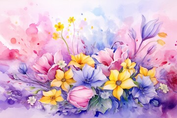 Watercolor floral background with tulips and crocus. Hand drawn illustration, Spring floral in watercolor background, AI Generated