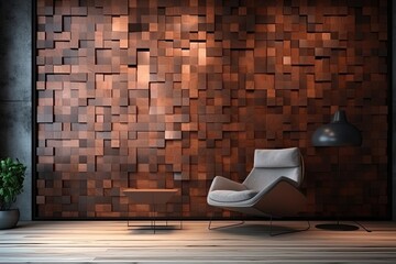 Interior of modern living room with brick wall, 3d render, Square, Soft sheen Wall background with tiles. 3D, tile Wallpaper with Wood, AI Generated