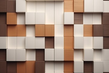 3d rendering of a set of wooden cubes in a square pattern, Square, Soft sheen Wall background with tiles. 3D, tile Wallpaper with Wood, AI Generated