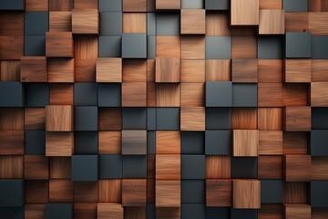 Wooden cubes background. 3d rendering, 3d illustration, Square, Soft sheen Wall background with tiles. 3D, tile Wallpaper with Wood, AI Generated