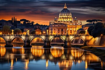 Fototapeta premium St. Peter's Basilica and Tiber river at sunset, Rome, Italy, St Peter Cathedral in Rome, Italy, AI Generated