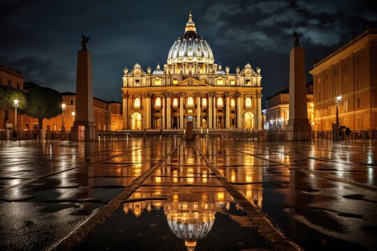 St. Peter's Basilica in Vatican at night, Rome, Italy, St Peter Cathedral in Rome, Italy, AI Generated