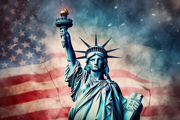 statue of liberty and american flag in the smoke. 3d illustration, statue of liberty and fireworks on the background of the american flag, ai generated - obrazy, fototapety, plakaty