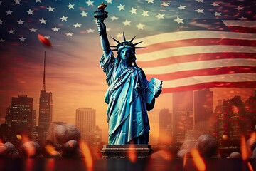 Obraz premium Statue of Liberty and New York City skyline on background. USA concept, Statue of Liberty with USA flag and fireworks. American Independence Day, AI Generated
