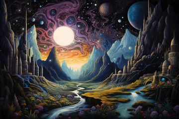 Fotobehang Fantasy landscape with mountains, river and moon. Digital painting, Stellar Odyssey: A Psychedelic Voyage Through Space, AI Generated © Iftikhar alam
