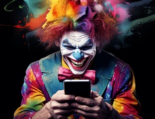 The Clown's Digital Connection: A Man Dressed as a Clown Engaging with a Cell Phone