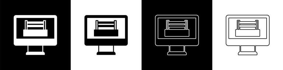 Set Boxing ring show at television screen monitor icon isolated on black and white background. Vector