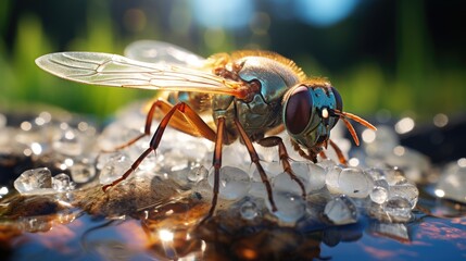  a close up of a fly sitting on a pile of ice cubes on top of a bed of ice.