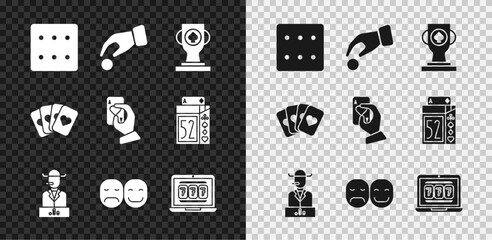 Set Game dice, Hand holding casino chips, Casino poker trophy cup, Poker player, Laptop slot machine, Deck of playing cards and icon. Vector