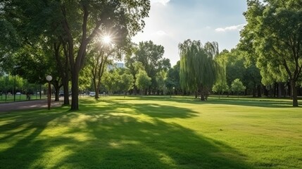 Fototapeta na wymiar Beautiful park scene in public park with green grass field and green tree plant 