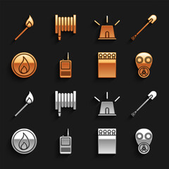 Set Walkie talkie, Fire shovel, Gas mask, Open matchbox and matches, flame, Flasher siren, Burning with fire and hose reel icon. Vector