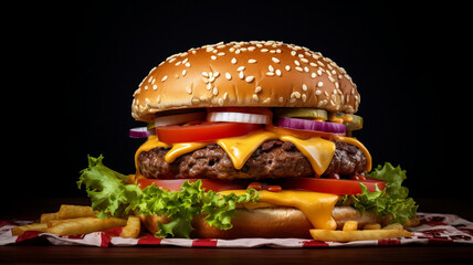 A tasty cheeseburger with lettuce, onions and tomato on a plain background - obrazy, fototapety, plakaty