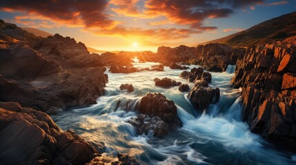  a large body of water surrounded by rocks and a sky with a sun setting over the mountains in the background.