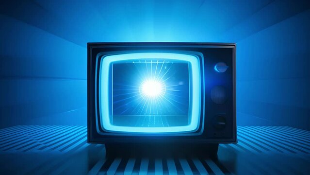 An oldschool television with a round glass tube featuring a single black and white dial and a jagged electric blue pattern on the screen