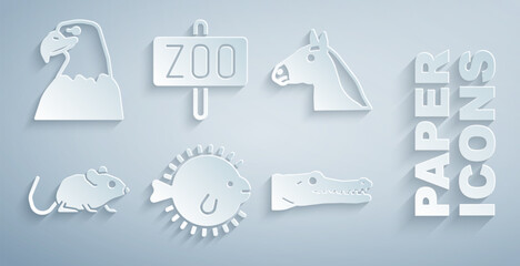 Set Puffer fish, Horse head, Rat, Crocodile, Zoo park and Eagle icon. Vector