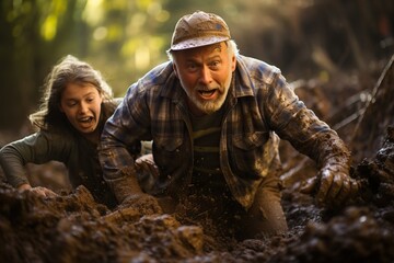 Older man and young girl pushing through a muddy obstacle course, faces showing determination and adventure fun