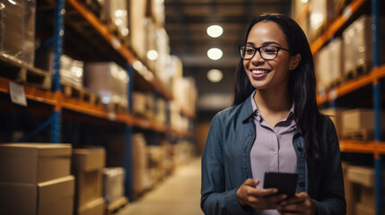 Smiling woman standing in a warehouse aisle, using a smartphone possibly to manage or check inventory.