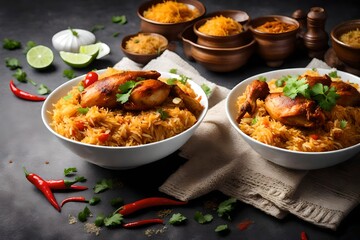 Spicy chicken biryani in white bowl. A traditional Indian or Pakistani ramzan food. Perfect for iftar meal or ramadan dinner