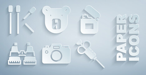 Set Photo camera, Lighter, Binoculars, Syringe, Bear head and Matches icon. Vector