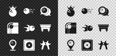 Set Bowling ball, Billiard, Location with billiard, chalk, rest, table and icon. Vector