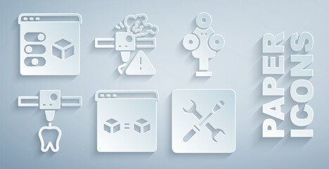 Set 3D printer perfect copy, scanner, tooth, setting, warning and icon. Vector