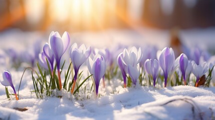 Close up Photo of Some Lilac Colored Snowdorps Crocus Growing in Snow in a Big Garden while there...