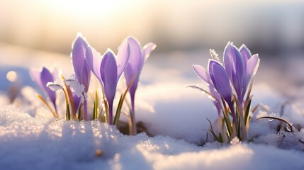 Close up Photo of Some Lilac Colored Snowdorps Crocus Growing in Snow in a Big Garden while there is a Cold but Sunny Moring.