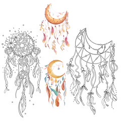 Moon Dream catcher set cute illustrations png for print on t-shirt card inspiration template without background colored and black line work in watercolor style hand drawing 