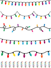 Christmas lights. Colorful garland. Set of Christmas light strings. Christmas light bulbs for decoration .Christmas garland seamless border. - obrazy, fototapety, plakaty