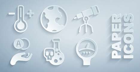 Set Test tube with toxic liquid, Telescope, Atom, Gauge scale, Earth globe and Thermometer icon. Vector