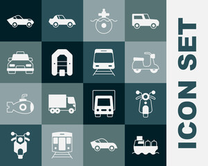 Set Oil tanker ship, Scooter, Submarine, Rafting boat, Taxi car, Car and Train and railway icon. Vector