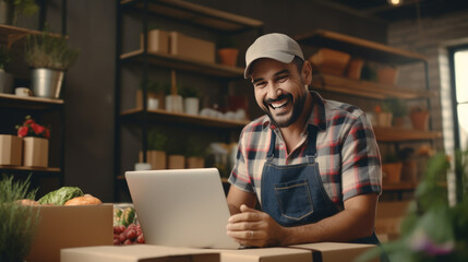 Man working on a laptop in a warehouse environment, with shelves stocked with boxes in the background