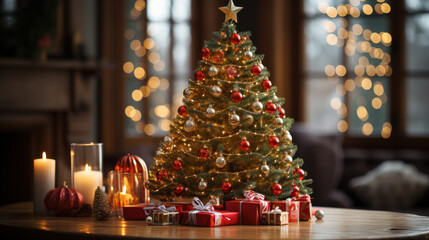 Fototapeta na wymiar Festive Splendor: Christmas Tree and Decorations. Generative AI