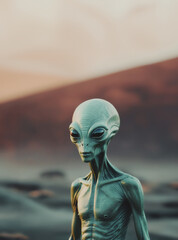 illustrazione con primo piano di essere alieno antropomorfo, sfondo indefinito