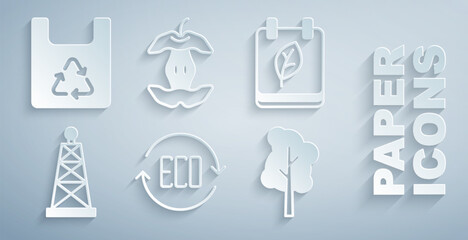 Set Leaf Eco symbol, Calendar with autumn leaves, Oil rig, Tree, Apple core and Shopping bag recycle icon. Vector