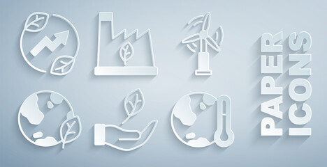 Set Leaf in hand, Wind turbine, Earth globe leaf, melting to global warming, Plant recycling garbage and Electric saving plug icon. Vector