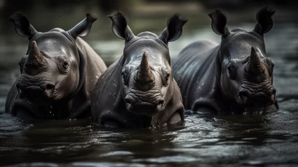 Zelfklevend Fotobehang Black rhinoceros (Ceratotherium simum) in the river. Rhino. Africa Concept. Wildlife Concept.  © John Martin