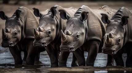 Group of black rhinoceros at the waterhole. Rhino. Africa Concept. Wildlife Concept. 