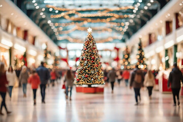 Shopping mall with stores, Christmas tree with decoration and crowd of people looking for present gifts.
