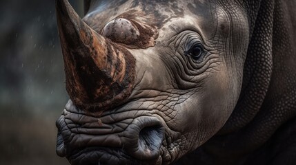 White rhinoceros head close-up in the rain. Rhino. Africa Concept. Wildlife Concept. 