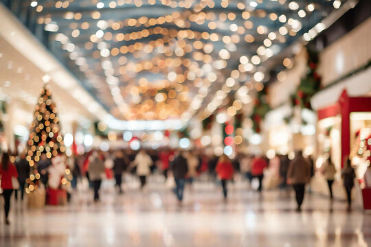 Blurred image of shopping mall and bokeh background usage.Christmas holiday, Xmas shopping, sale